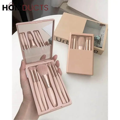 Compact Travel Makeup Brush Set with Mirror – 5-Piece Portable Cosmetic Brushes in Case for Face & Eyes