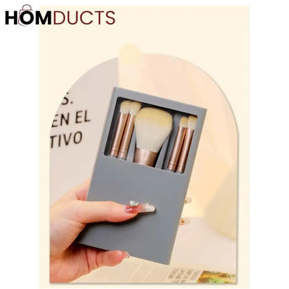 Compact Travel Makeup Brush Set with Mirror – 5-Piece Portable Cosmetic Brushes in Case for Face & Eyes