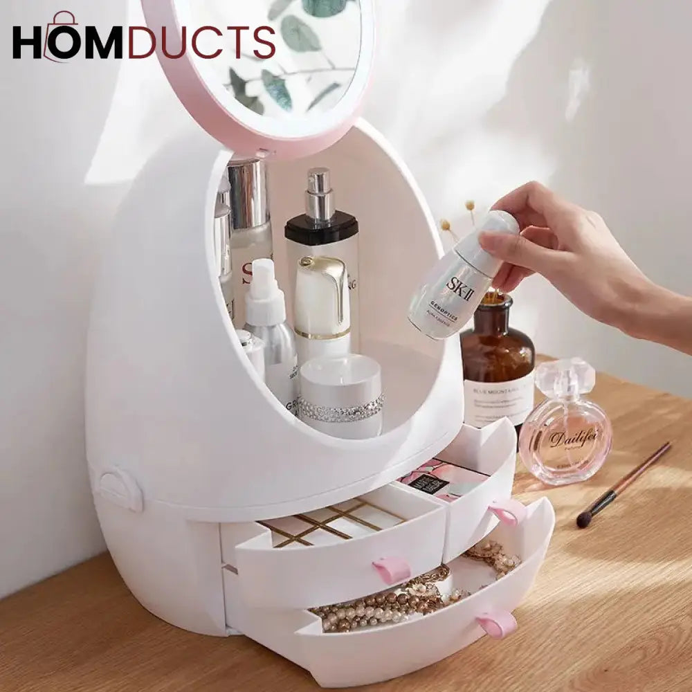 Creative Egg Shape Cosmetic Organizer With Led Mirror