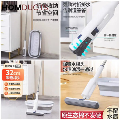Creative Standing Sqeeze Mop With Foldable Silicone Bucket
