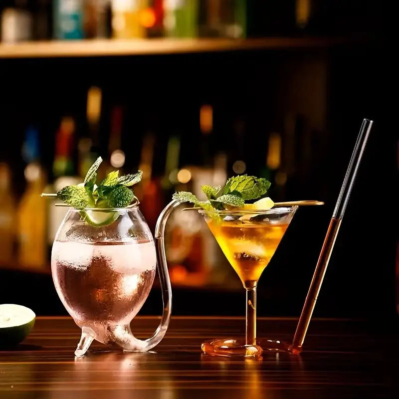 Curved Cocktail Glass with Built-In Straw – Unique Artistic Drinkware