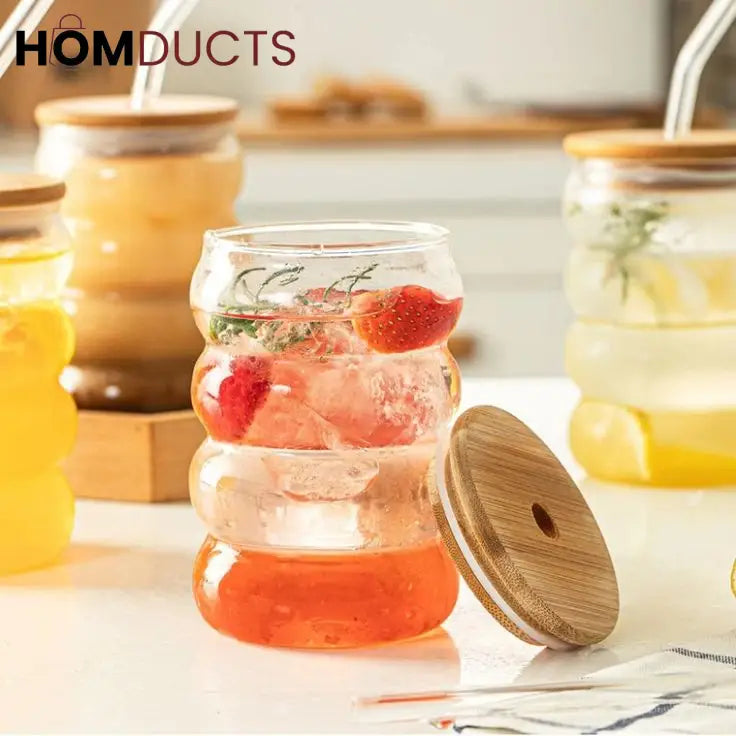 Curvy Glass Tumbler Set with Bamboo Lids & Glass Straws – Aesthetic Iced Coffee & Juice Cups