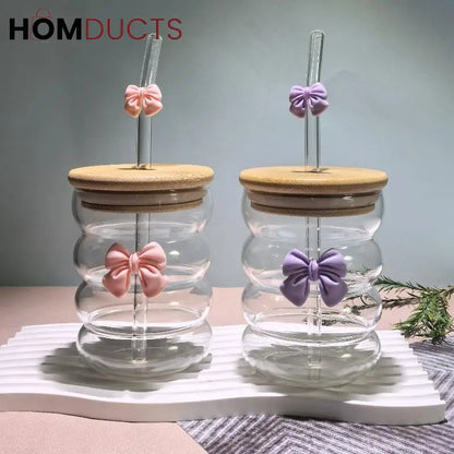 Curvy Glass Tumbler with Pink Bow Straw & Bamboo Lid – Aesthetic Iced Coffee Cup for Girls & Gifting