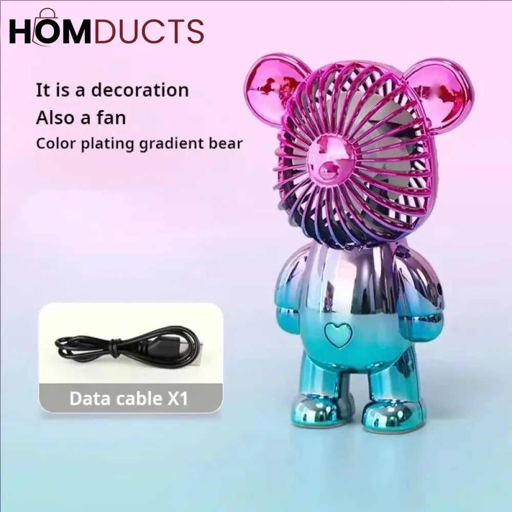 Cute Cartoon Bear Mini Handheld Fan - 3-Speed USB Rechargeable