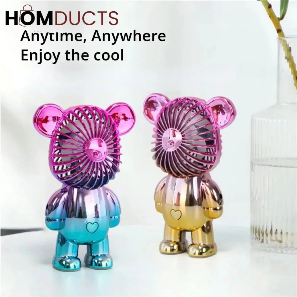 Cute Cartoon Bear Mini Handheld Fan - 3-Speed USB Rechargeable