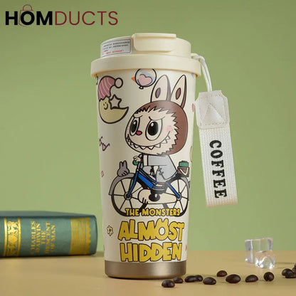 Cute Labubu Cartoon Coffee Tumbler – Insulated Travel Mug with Lid & Strap for Hot and Cold Drinks