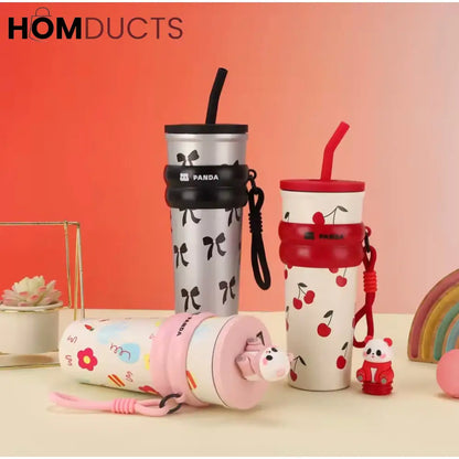 Cute Panda Travel Tumbler with Straw – Leak-Proof Portable Cup with Cherry & Bow Design