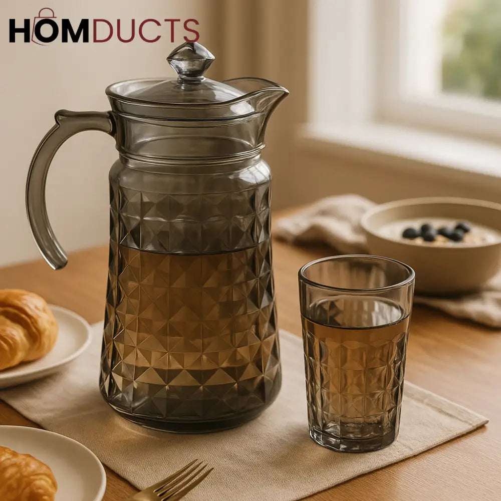 Delisoga 7-Piece Smoke Glass Jug & Tumbler Set – Diamond Cut Design