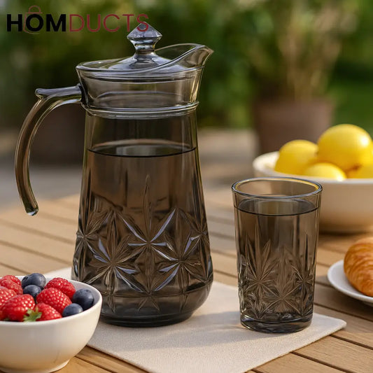 Delisoga Premium Crystal Glass Jug & Tumbler Set – Starburst Cut Design(7pcs)-1Jug-6glasses
