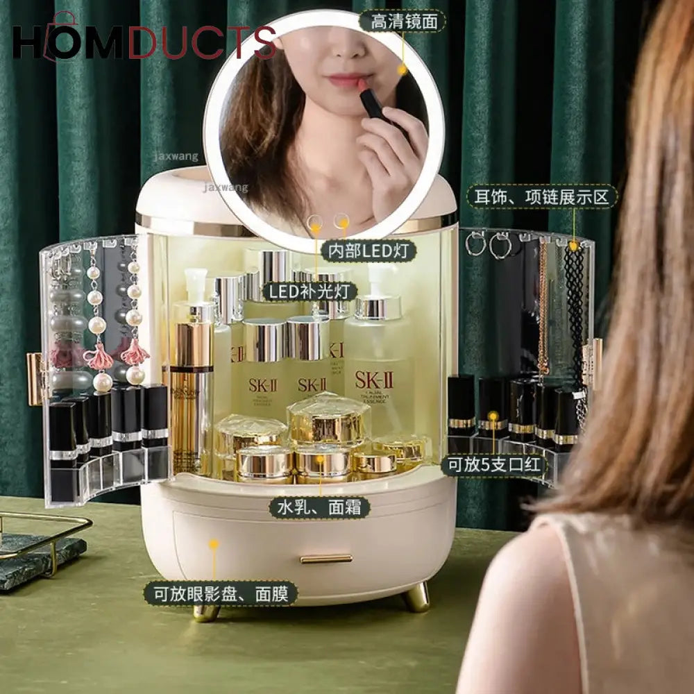 Double Door Cosmetic Organizer With Led Mirror