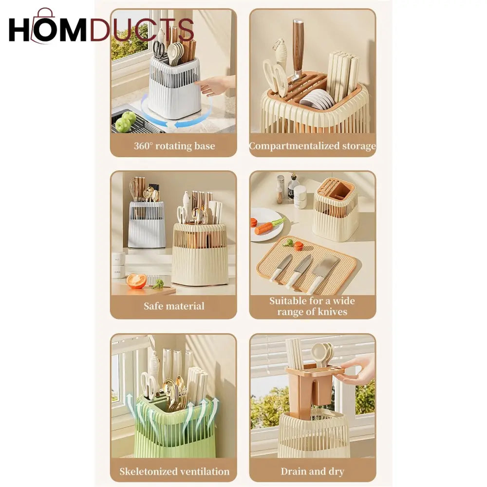 Durable Rotating Kitchen Counter Spoon and Knife Holder