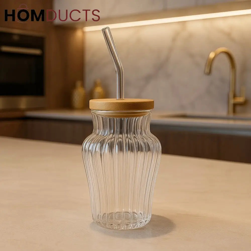 Eco-Friendly 450ml Ribbed & Plain Glass Tumbler with Bamboo Lid & Straw