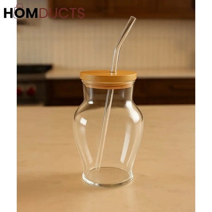 Eco-Friendly 450ml Ribbed & Plain Glass Tumbler with Bamboo Lid & Straw
