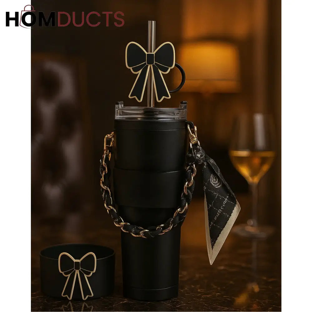 Elegant Black Tumbler Accessory Set – Bow, Chain & Scarf Décor