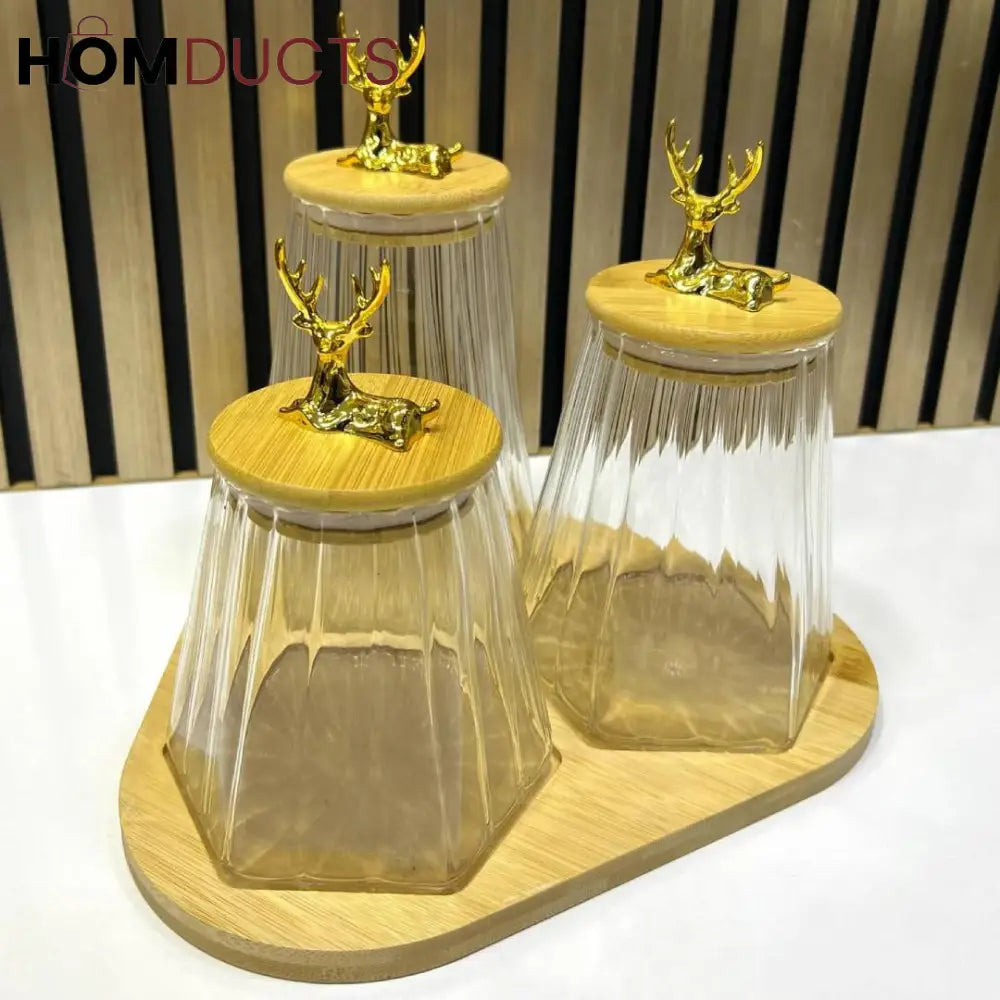 Elegant Deer Head Glass Storage Jars - 3-Piece Set With Wooden Stand