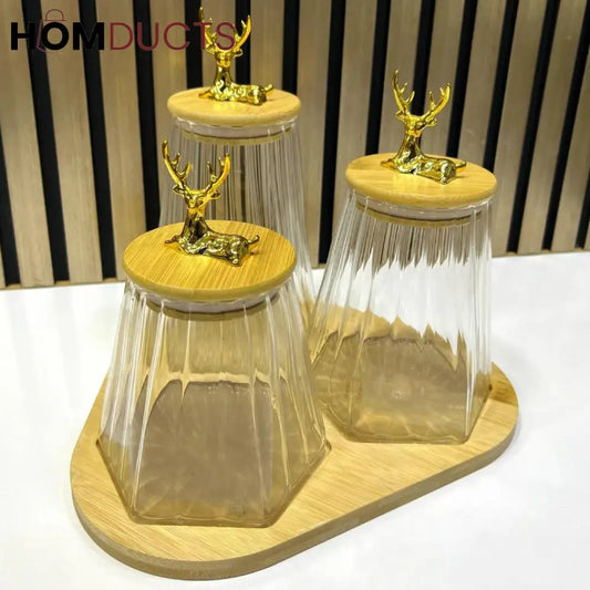 Elegant Deer Head Glass Storage Jars - 3-Piece Set With Wooden Stand