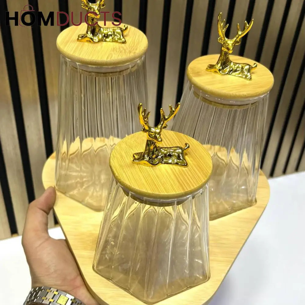 Elegant Deer Head Glass Storage Jars - 3-Piece Set With Wooden Stand