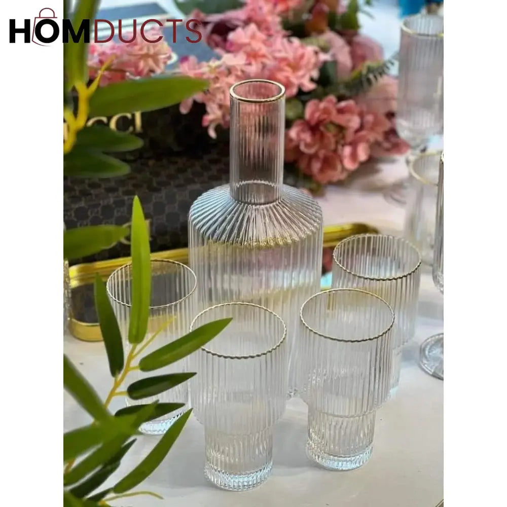 Elegant Glass Decanter Set with Gold Rim – 5-Piece Luxury Drinkware Set