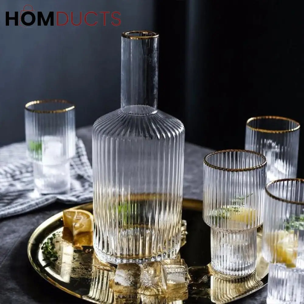 Elegant Glass Decanter Set with Gold Rim – 5-Piece Luxury Drinkware Set
