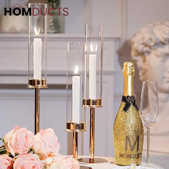Elegant Gold Candlestick Holders for Home Decor | 3pcs Hurricane Candle Stands