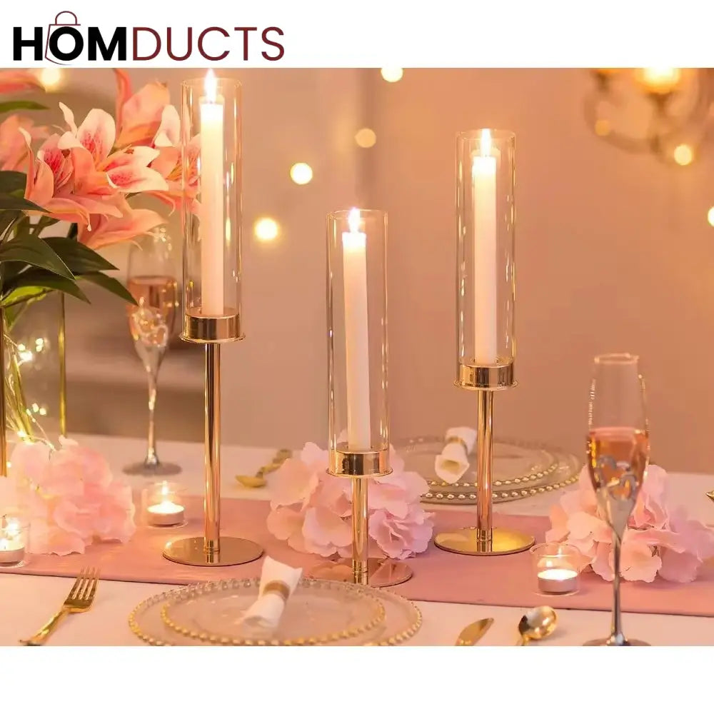 Elegant Gold Candlestick Holders for Home Decor | 3pcs Hurricane Candle Stands