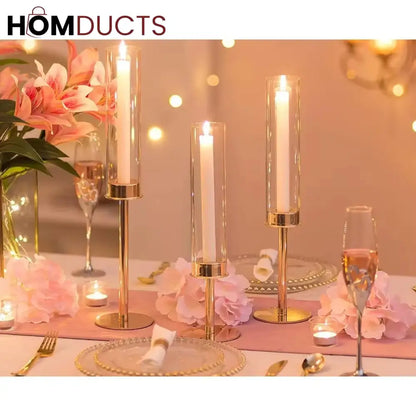 Elegant Gold Candlestick Holders for Home Decor | 3pcs Hurricane Candle Stands