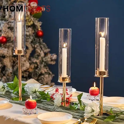 Elegant Gold Candlestick Holders for Home Decor | 3pcs Hurricane Candle Stands