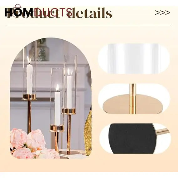 Elegant Gold Candlestick Holders for Home Decor | 3pcs Hurricane Candle Stands