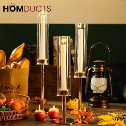 Elegant Gold Candlestick Holders for Home Decor | 3pcs Hurricane Candle Stands