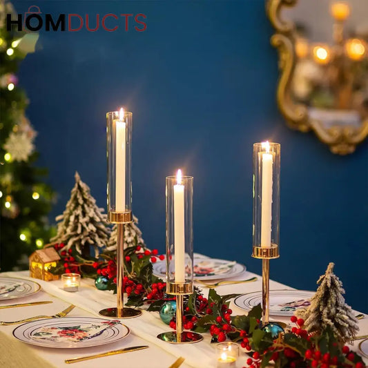 Elegant Gold Candlestick Holders for Home Decor | 3pcs Hurricane Candle Stands