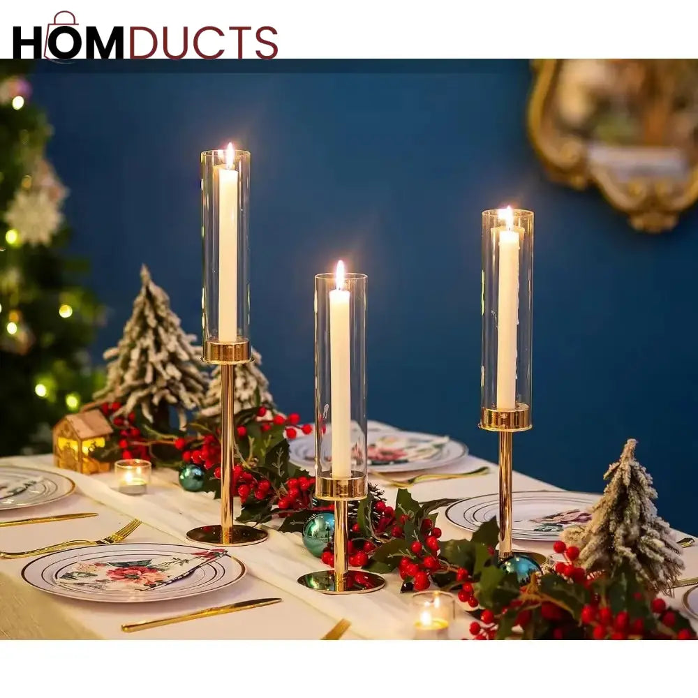 Elegant Gold Candlestick Holders for Home Decor | 3pcs Hurricane Candle Stands