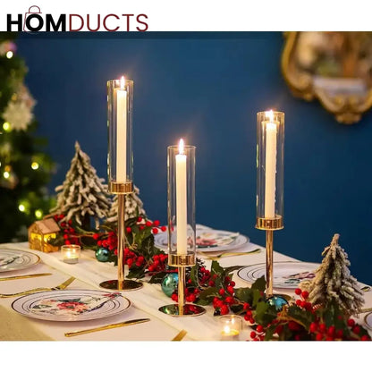 Elegant Gold Candlestick Holders for Home Decor | 3pcs Hurricane Candle Stands