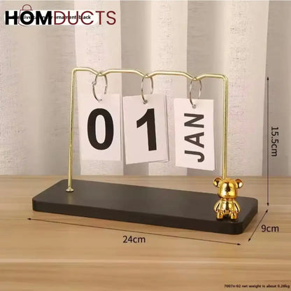 Elegant Gold Metal Flip Desk Calendar with Wooden Base and Bear Figurines – Perpetual Desktop Date Display