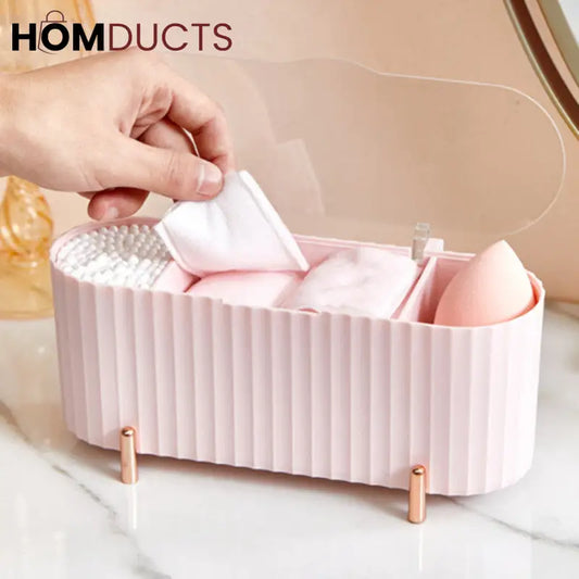 Elegant Makeup Organizer Box with Lid – Cotton Pad, Swab & Sponge Storage Case with Compartments & Gold Legs