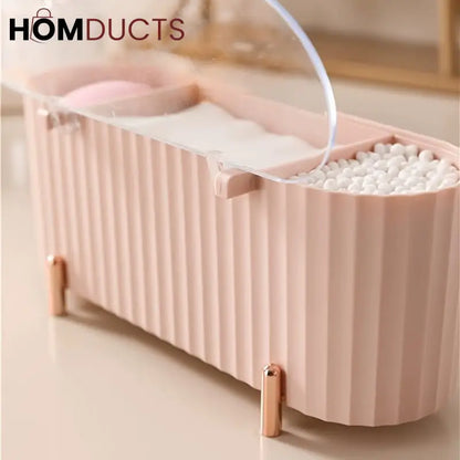 Elegant Makeup Organizer Box with Lid – Cotton Pad, Swab & Sponge Storage Case with Compartments & Gold Legs