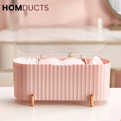 Elegant Makeup Organizer Box with Lid – Cotton Pad, Swab & Sponge Storage Case with Compartments & Gold Legs