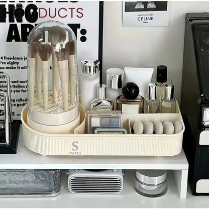 Elegant Makeup Organizer with Brush Holder – Dustproof Cosmetic Storage Box with Maker Brush Cleaner