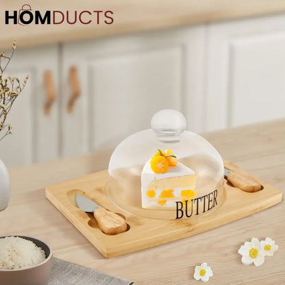 Elegant Wooden Butter Dish with Glass Lid & Knife Set – Multipurpose Serving Tray for Butter, Cheese, or Cake
