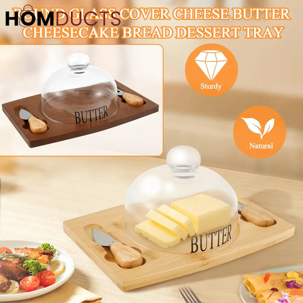 Elegant Wooden Butter Dish with Glass Lid & Knife Set – Multipurpose Serving Tray for Butter, Cheese, or Cake