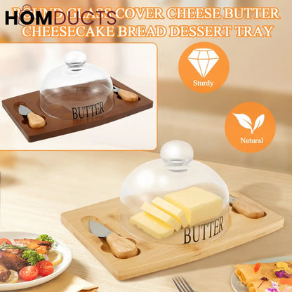 Elegant Wooden Butter Dish with Glass Lid & Knife Set – Multipurpose Serving Tray for Butter, Cheese, or Cake