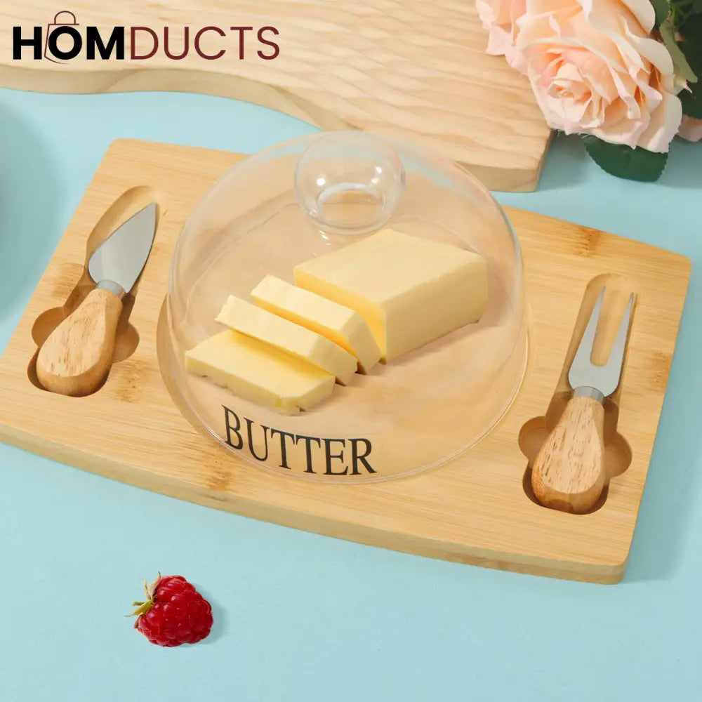 Elegant Wooden Butter Dish with Glass Lid & Knife Set – Multipurpose Serving Tray for Butter, Cheese, or Cake