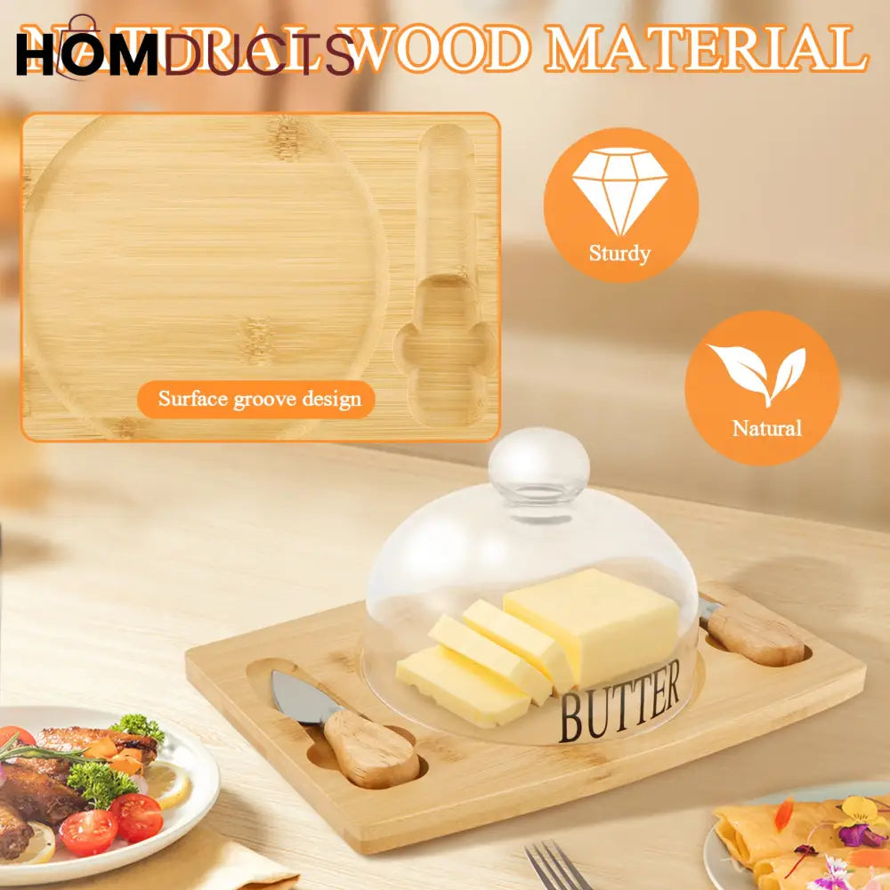 Elegant Wooden Butter Dish with Glass Lid & Knife Set – Multipurpose Serving Tray for Butter, Cheese, or Cake