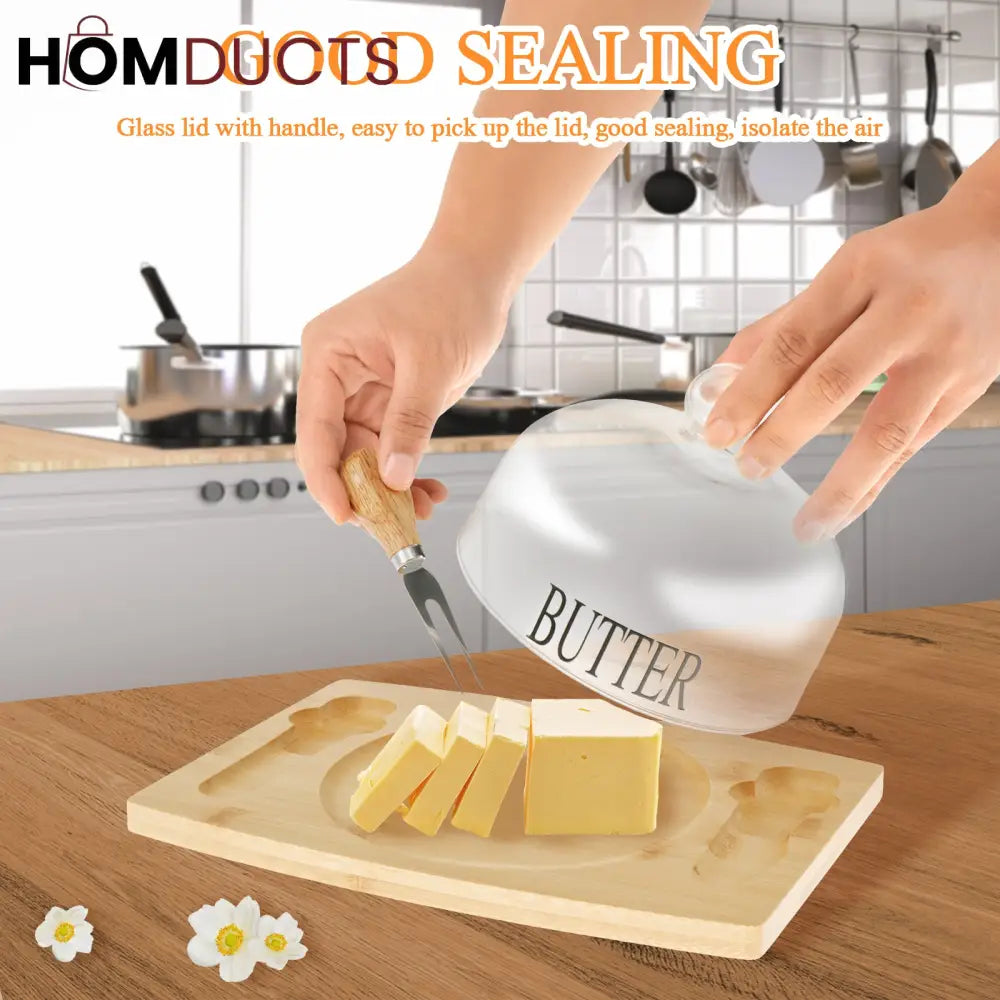 Elegant Wooden Butter Dish with Glass Lid & Knife Set – Multipurpose Serving Tray for Butter, Cheese, or Cake