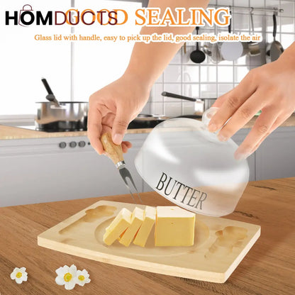 Elegant Wooden Butter Dish with Glass Lid & Knife Set – Multipurpose Serving Tray for Butter, Cheese, or Cake