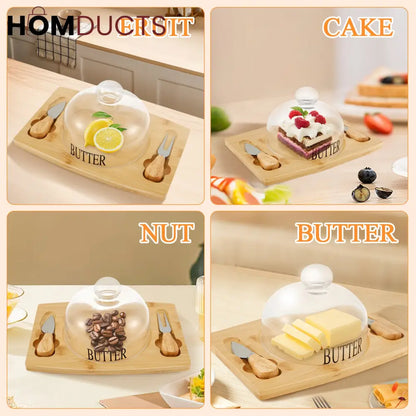 Elegant Wooden Butter Dish with Glass Lid & Knife Set – Multipurpose Serving Tray for Butter, Cheese, or Cake