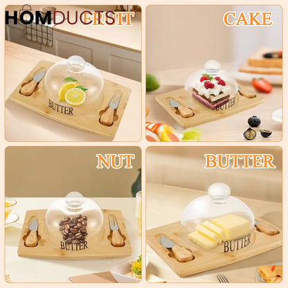 Elegant Wooden Butter Dish with Glass Lid & Knife Set – Multipurpose Serving Tray for Butter, Cheese, or Cake