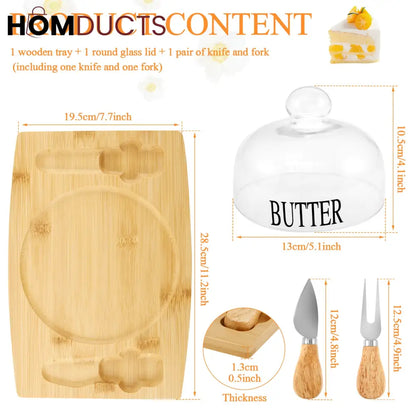 Elegant Wooden Butter Dish with Glass Lid & Knife Set – Multipurpose Serving Tray for Butter, Cheese, or Cake
