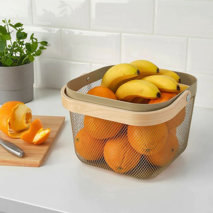 Modern Metal Mesh Fruit Basket with Wooden Handle – Stylish Kitchen Counter Storage for Fruits and Vegetables