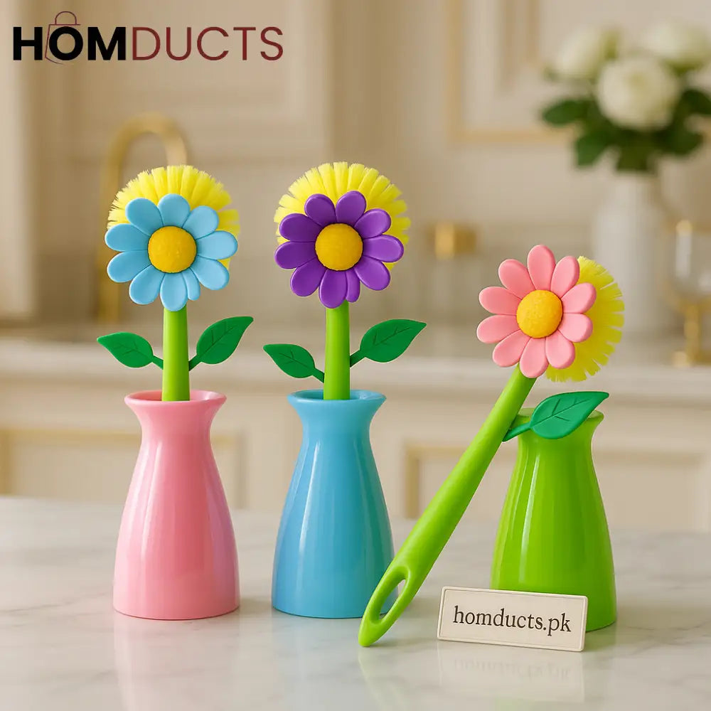 Floral Dish Brush Set with Matching Holders – Decorative Kitchen Cleaning Tools