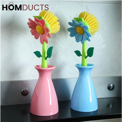 Floral Dish Brush Set with Matching Holders – Decorative Kitchen Cleaning Tools